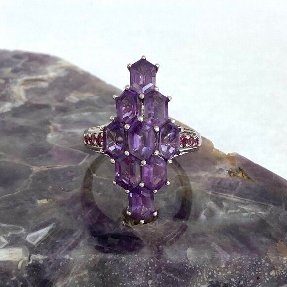 Sterling Silver 925 STS Multi Gemstone Amethyst & Garnet Statement Ring Sz 9 - Picture 5 of 16